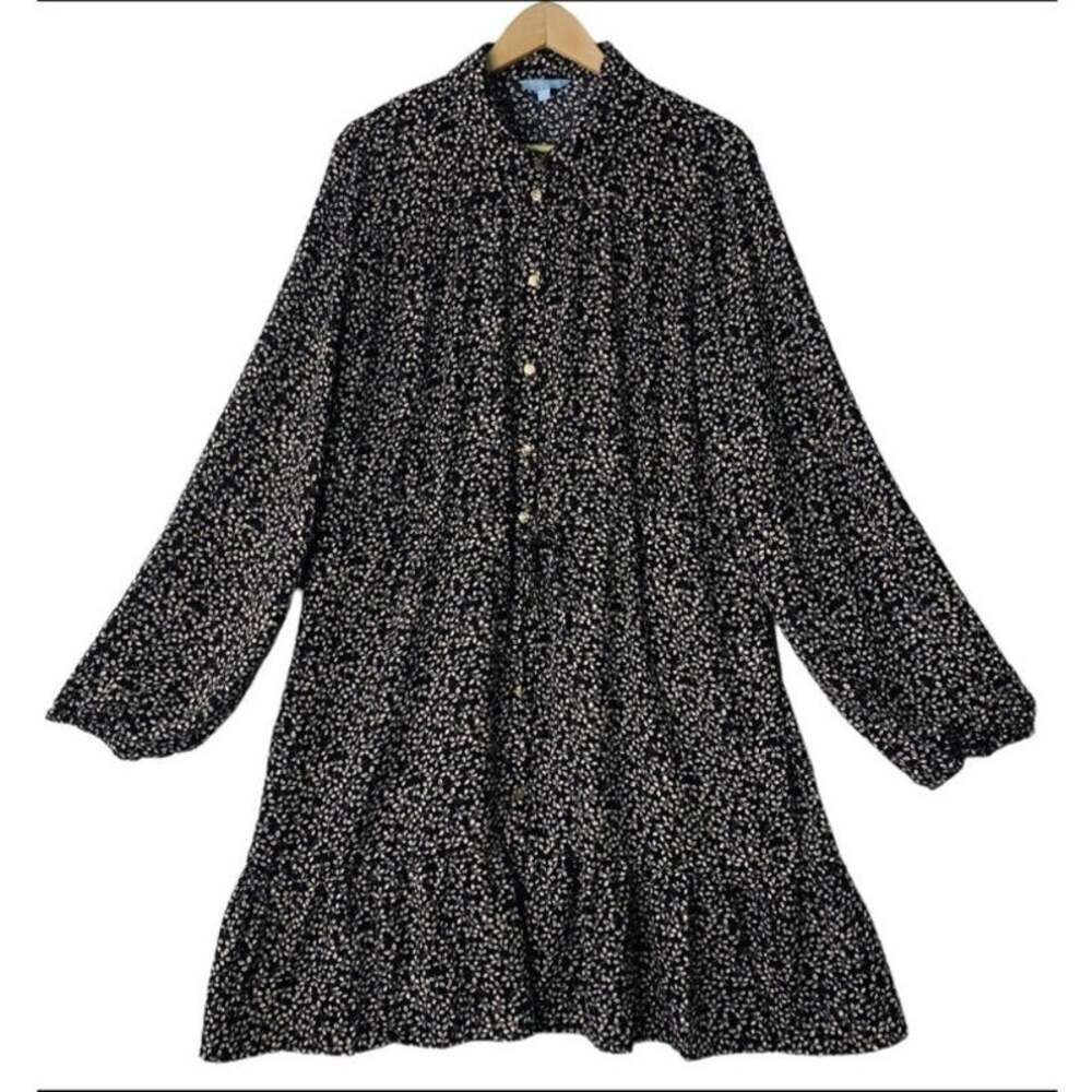 Draper James 2X Tiered Button Front Dress Black Botanical Floral Long Sleeve